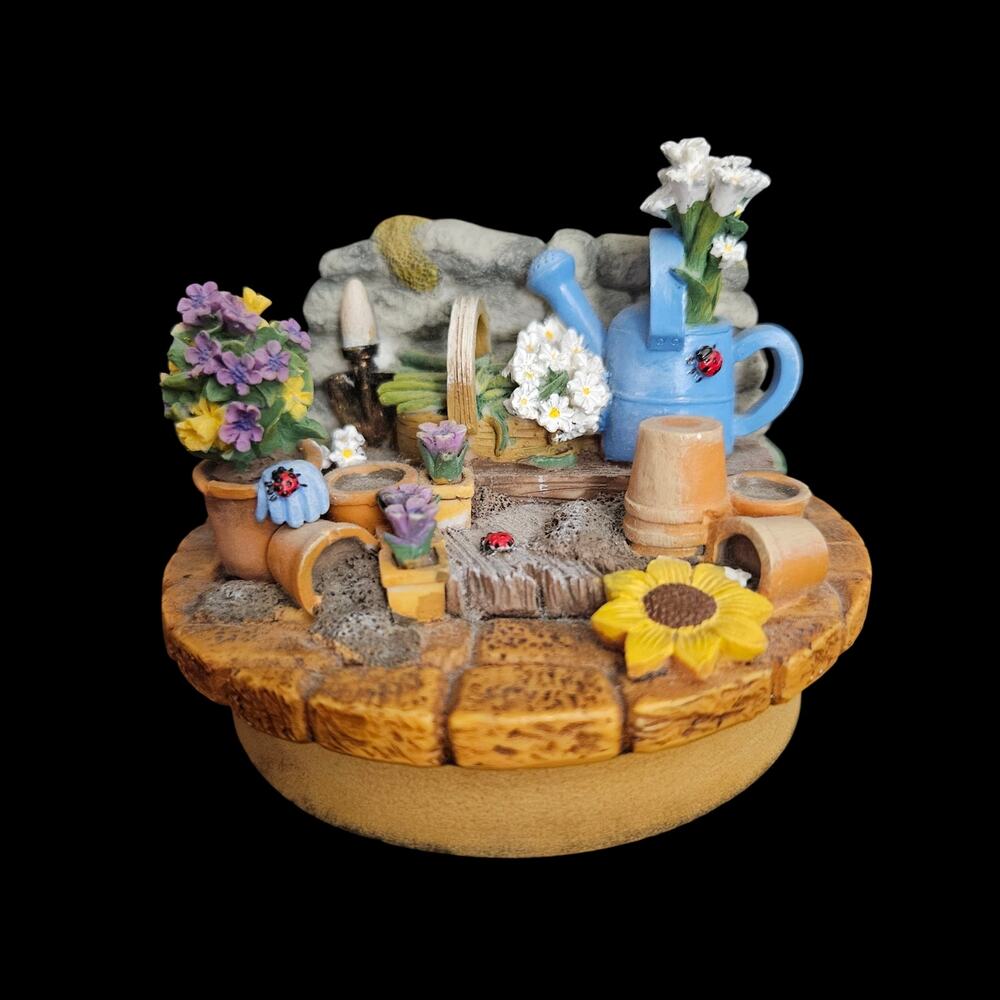 Our America Garden Scene Candle Topper Ladybugs Watering Can Decor